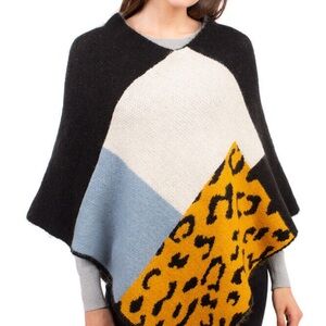 NWT soft cozy Leopard textured poncho sweater color block black ivory blue